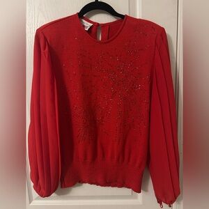 vintage Anthony Sicari red sweater features sheer, billowy sleeves size 14 EUC